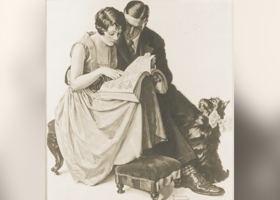 Norman Rockwell illustration showing man and woman looking at Sears,catalog.
