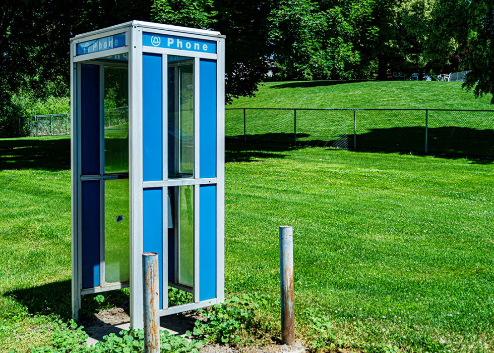 Vintage blue phone booth in a grassy park.