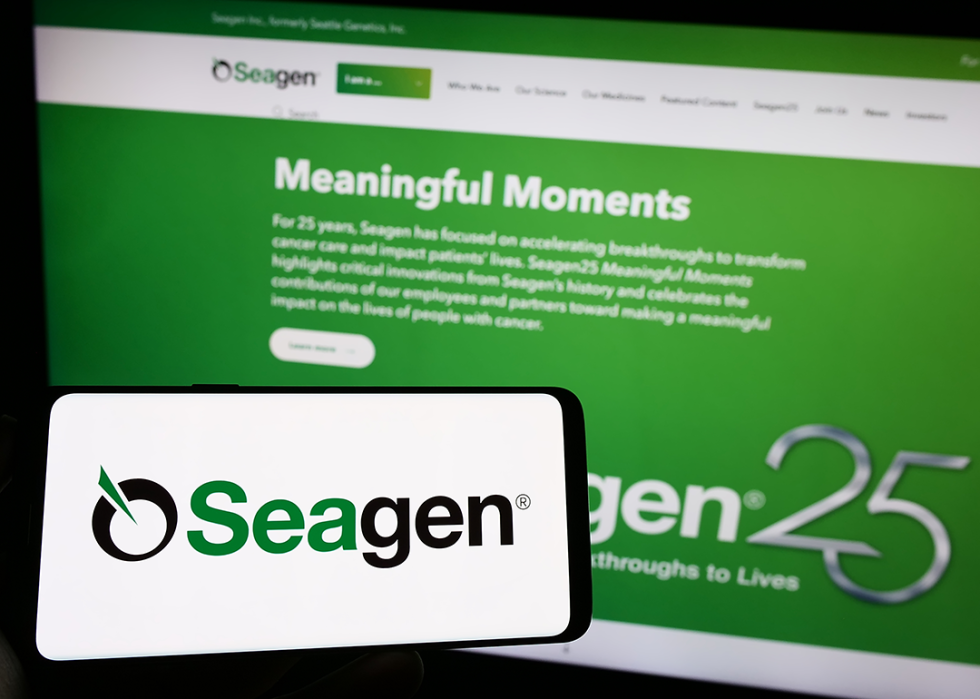 Phone with Seagen Inc. logo on screen.