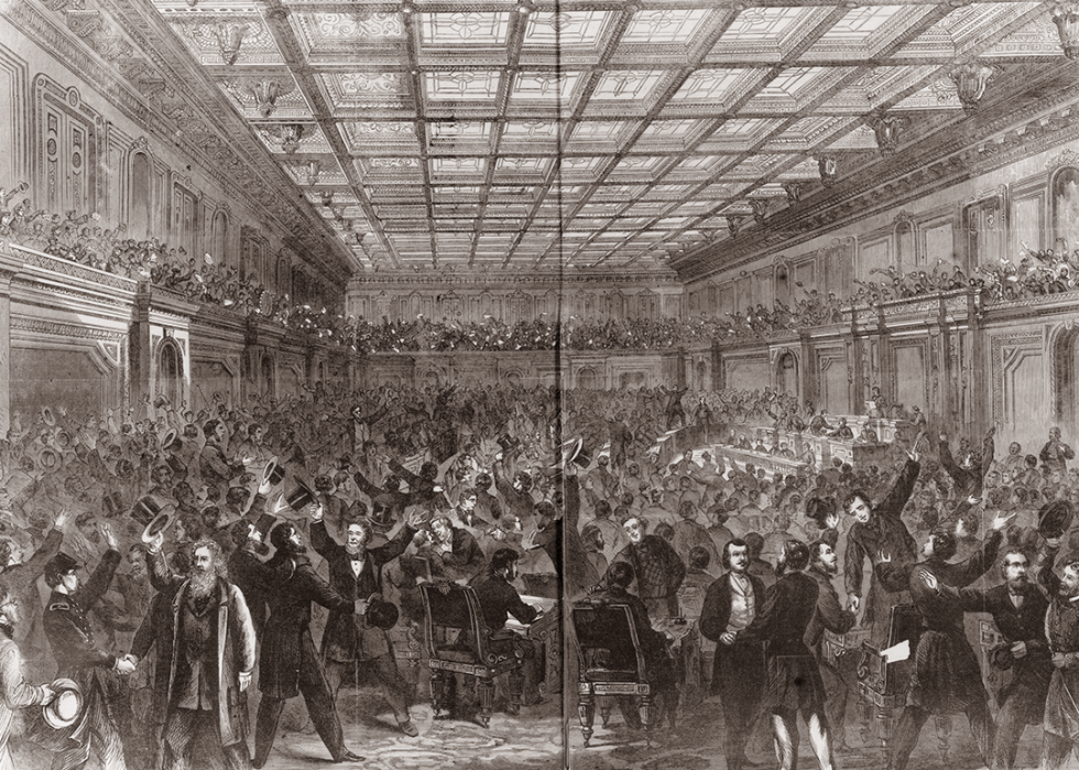 Illustration depicting crowds celebrating in the House of Representatives after Congress passed the Thirteenth Amendment.