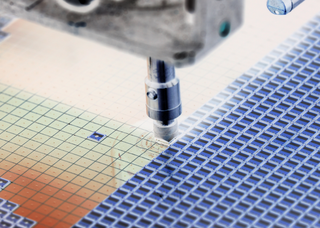 Closeup silicon wafer in semiconductor manufacturing.