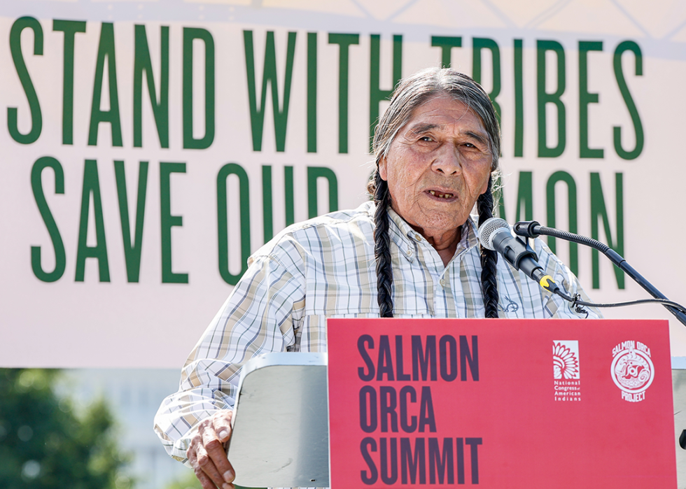 Shoshone-Bannock elder Nathan Small speaks during the Salmon Orca Summit IV.