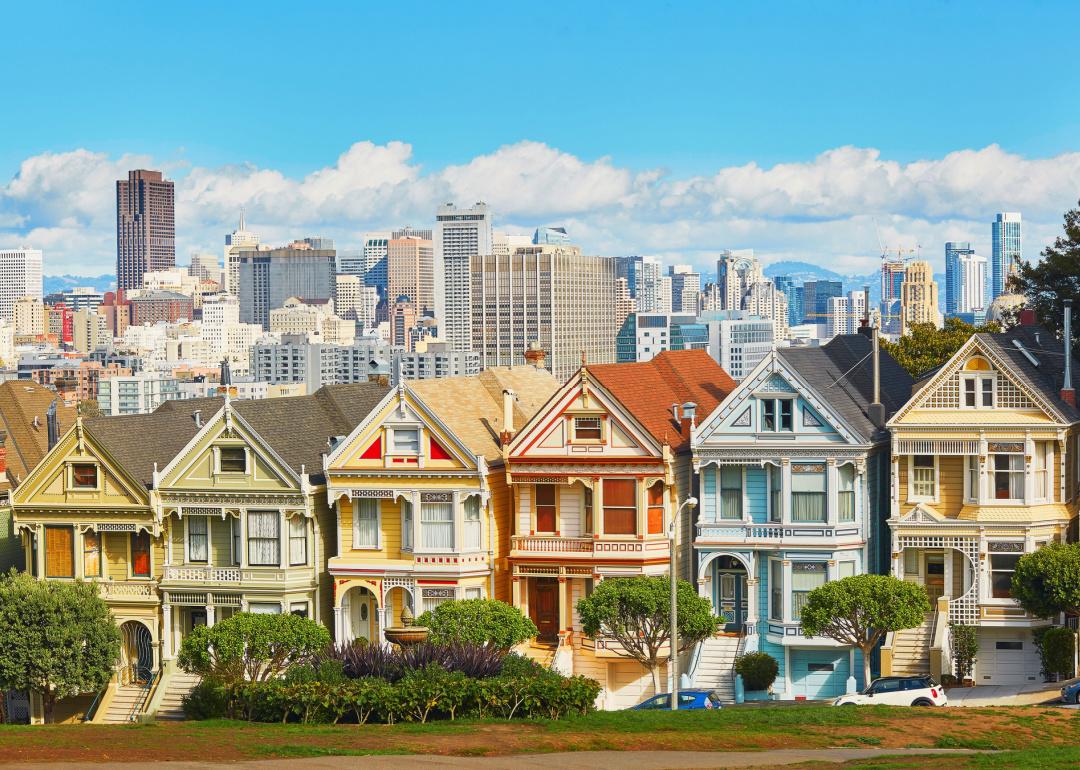 Historic homes and San Francisco skyline