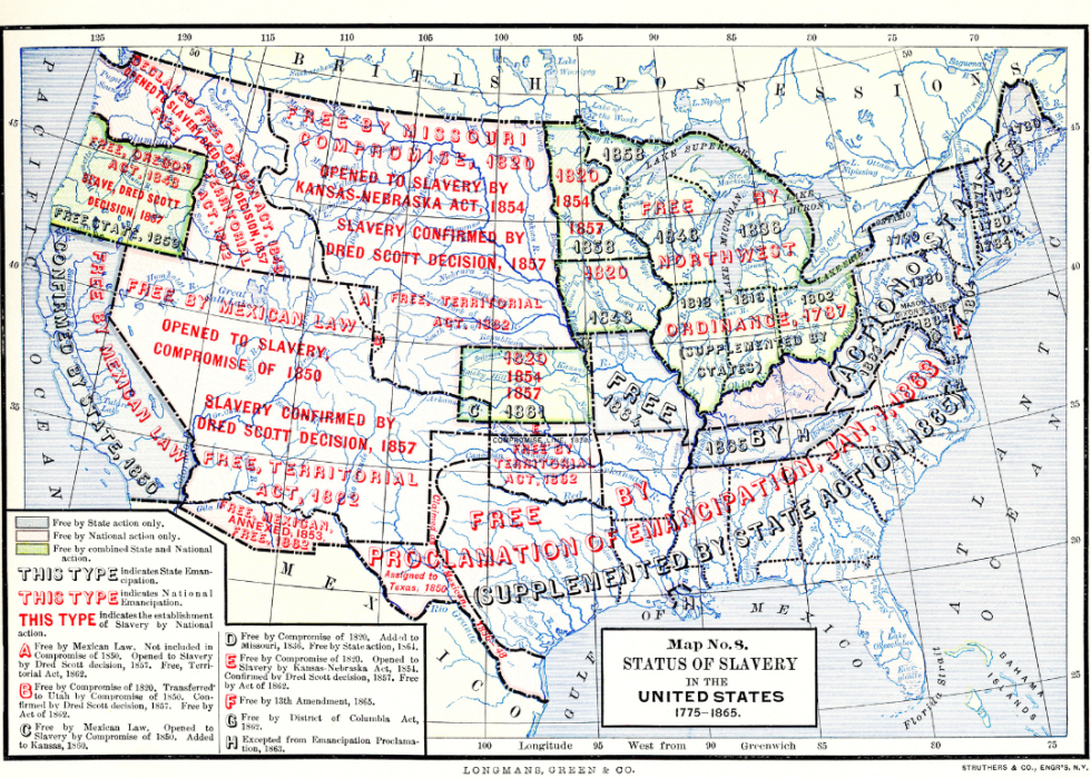 Map depicting Status Of Slavery In The United States 1775 - 1865