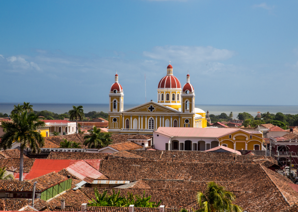 Church and rooftops in coastal town