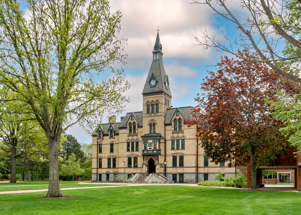 Old Main Hall at Hamline University in Saint Paul in springtime.