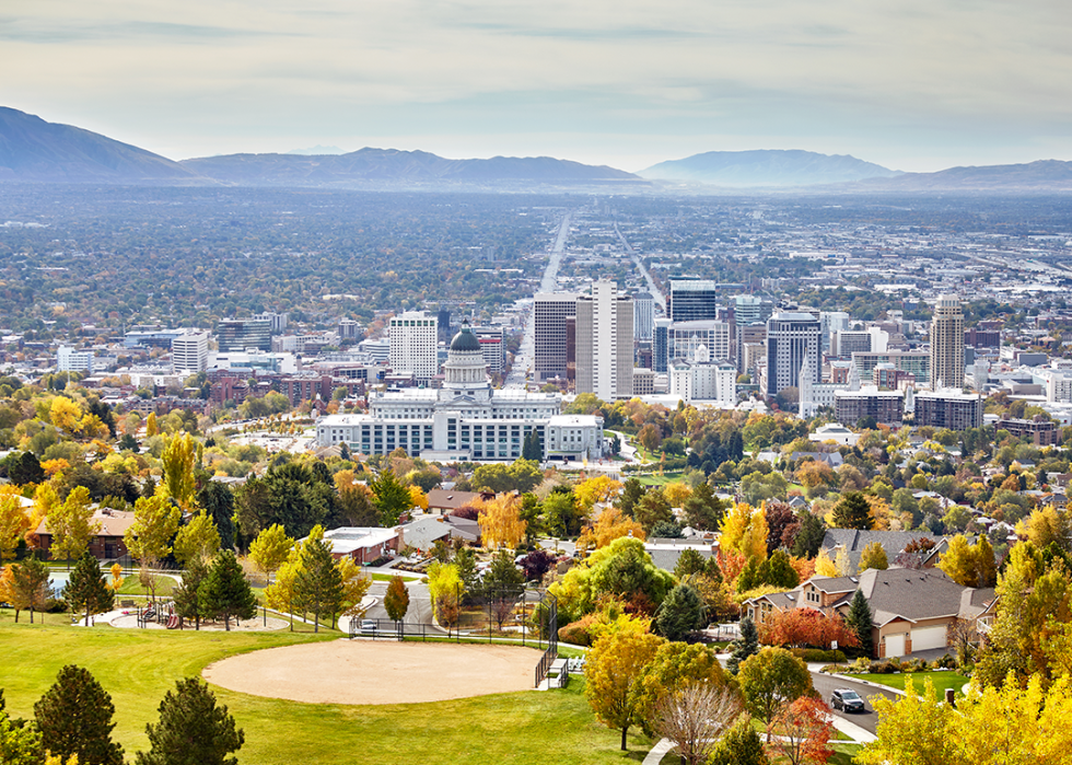 An aerial view of the Salt Lake City downtown in autumn.