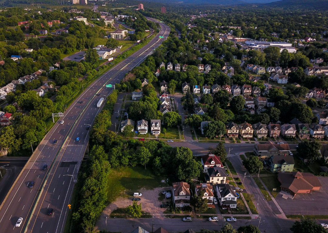 Aerial view of I-81 cutting through residential neighborhood in the south side of Syracuse