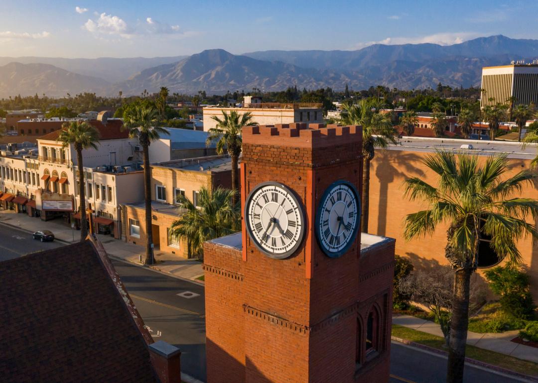 Aerial sunset view of downtown Redlands and clocktower.