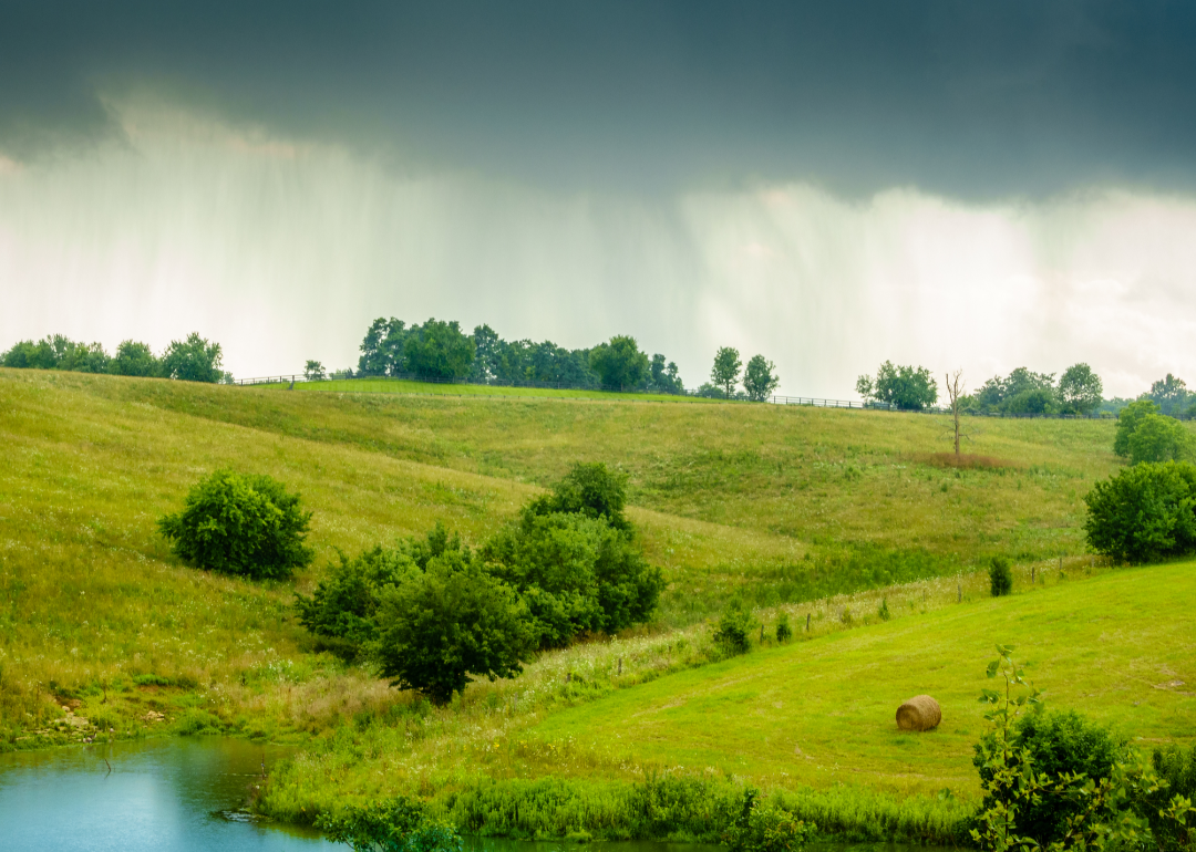 Rain over countryside.