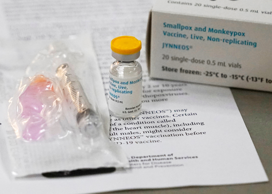 Vial of monkeypox vaccine and information paperwork at clinic