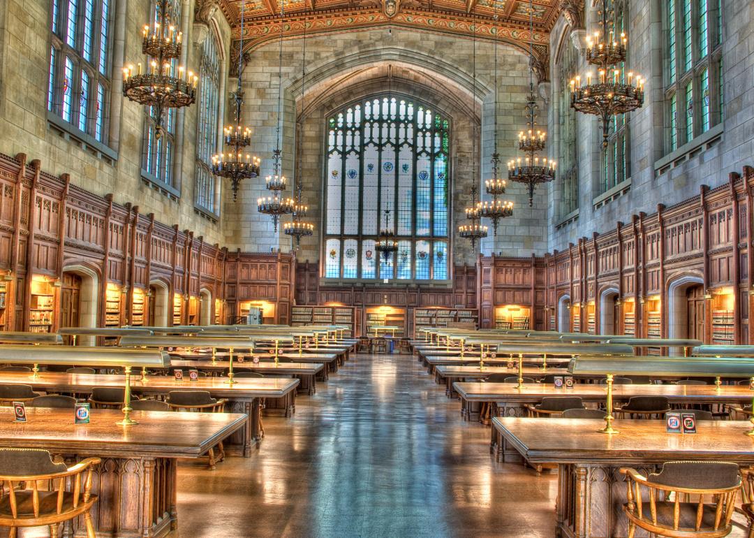 Interior reading hall in University of Michigan Law School Library