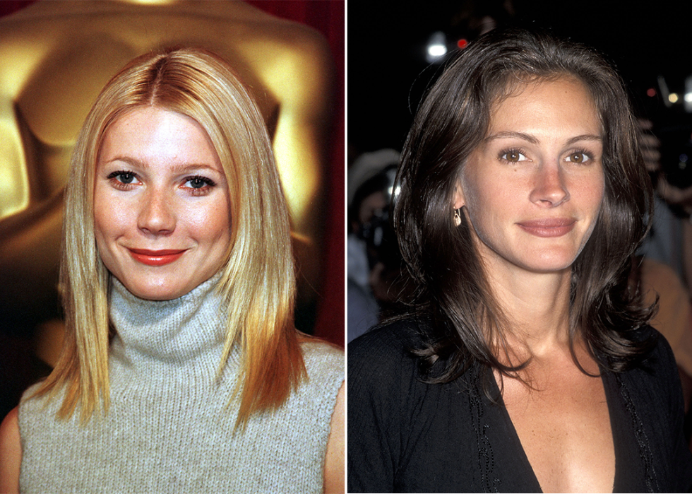 On left, Gwyneth Paltrow attends Oscar nominees luncheon; on right Julia Roberts at ‘Permanent Midnight’ premiere in 1998.