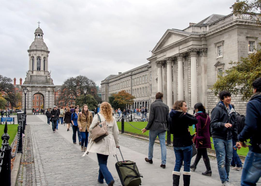 Students walking outside at Trinity College University of Dublin.