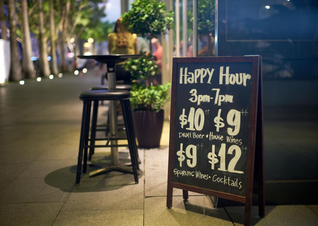 Happy hour sandwich board sign with specials.