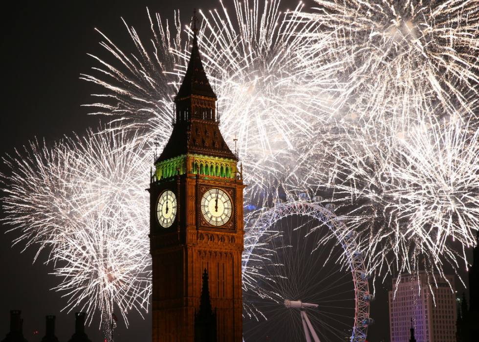 Fireworks over Big Ben and the London Eye. 