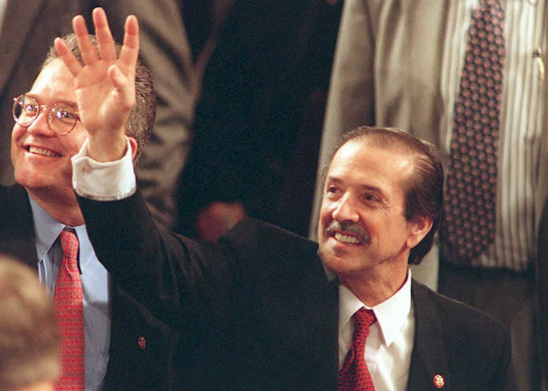 Freshman congressman Sonny Bono waves to the gallery around the US House chamber/