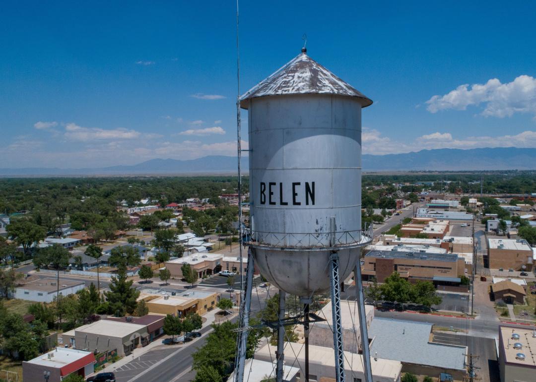 Aerial view of Belen water tower and town.