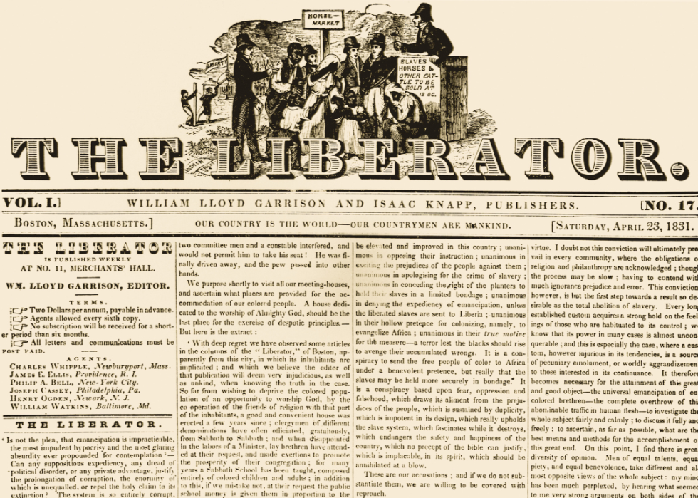 The front page of the April 23, 1831 issue of ‘The Liberator’.