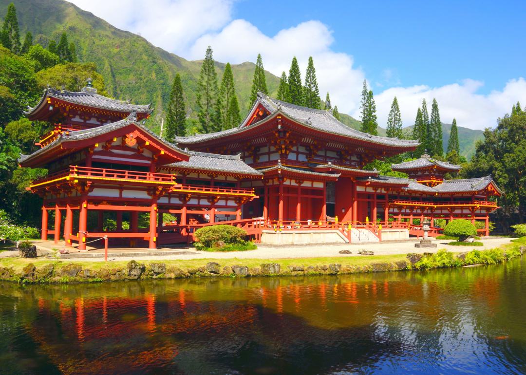 Exterior of Byodo-In Temple on lake.
