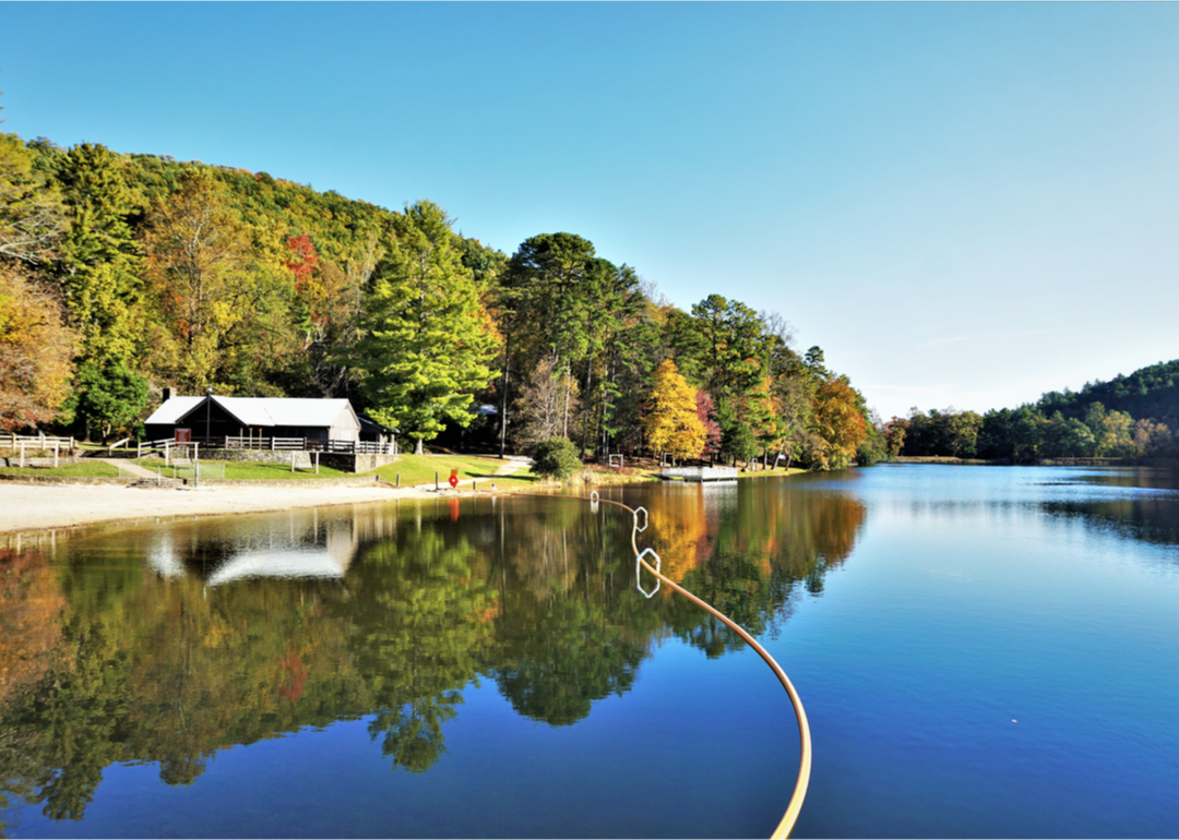 A scenic landscape with water and trees