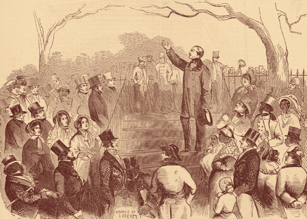 Wendell Phillips delivers anti-slavery speech to a crowd gathered on the common in Boston.