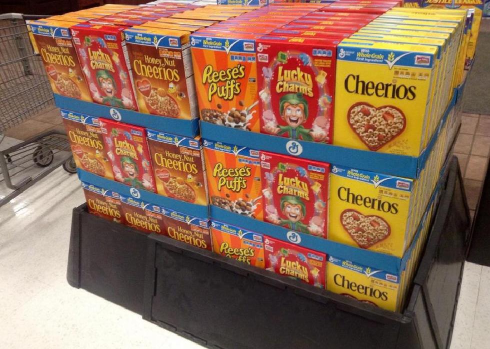 Tray of General Mills cereal boxes.
