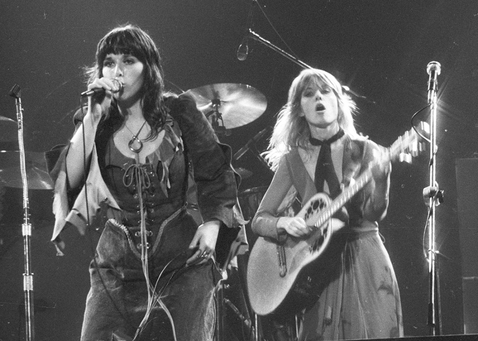 Ann Wilson and Nancy Wilson perform onstage.