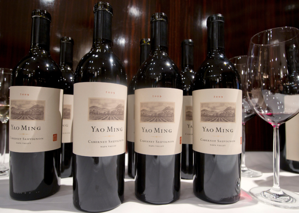 Bottles of Yao Ming wine on table