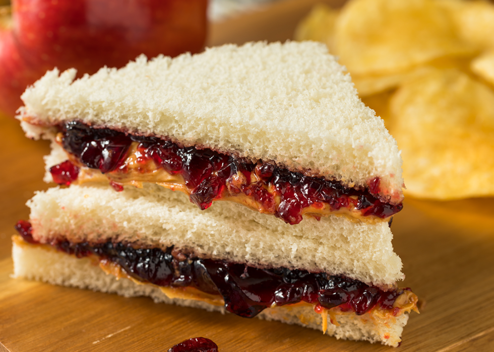 Crustless peanut butter and jelly sandwich.