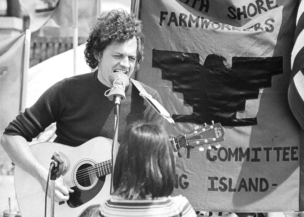 Harry Chapin sings at a United Farm Workers rally.