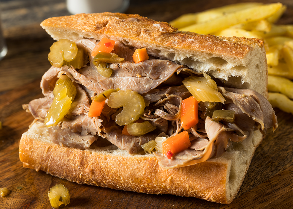 Chicago Italian beef sandwich with giardiniera and fries