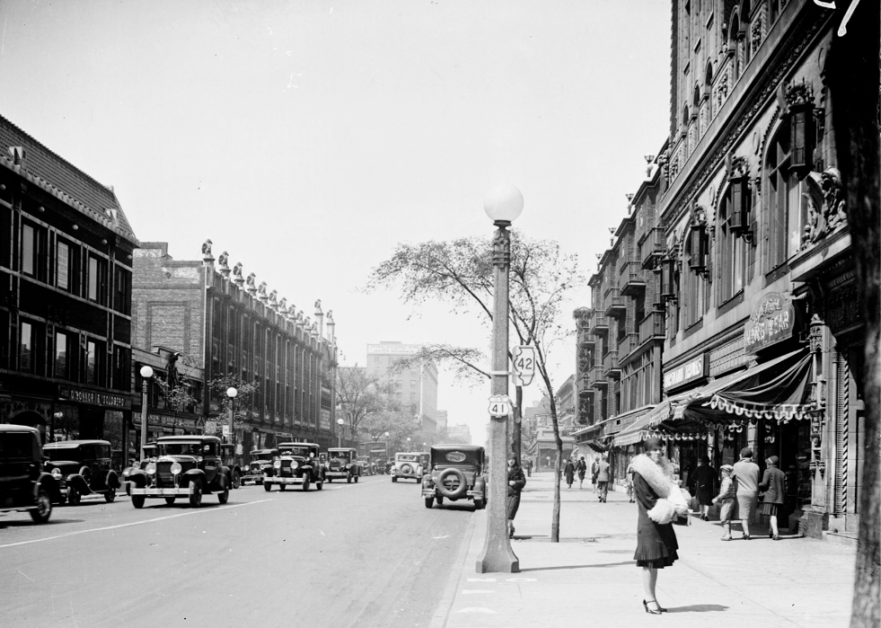 Uptown traffic and pedestrians