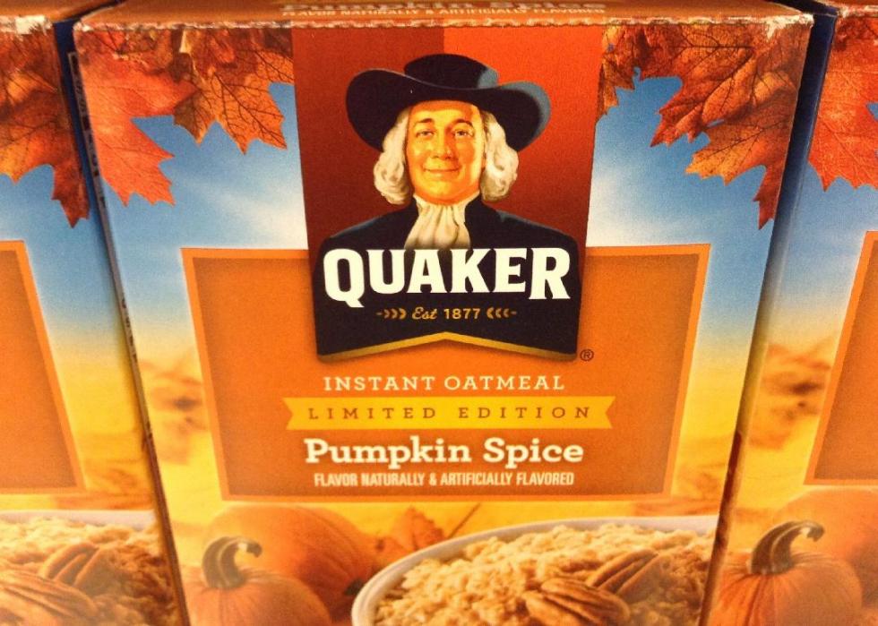 Close-up of row of Quaker Oats oatmeal.