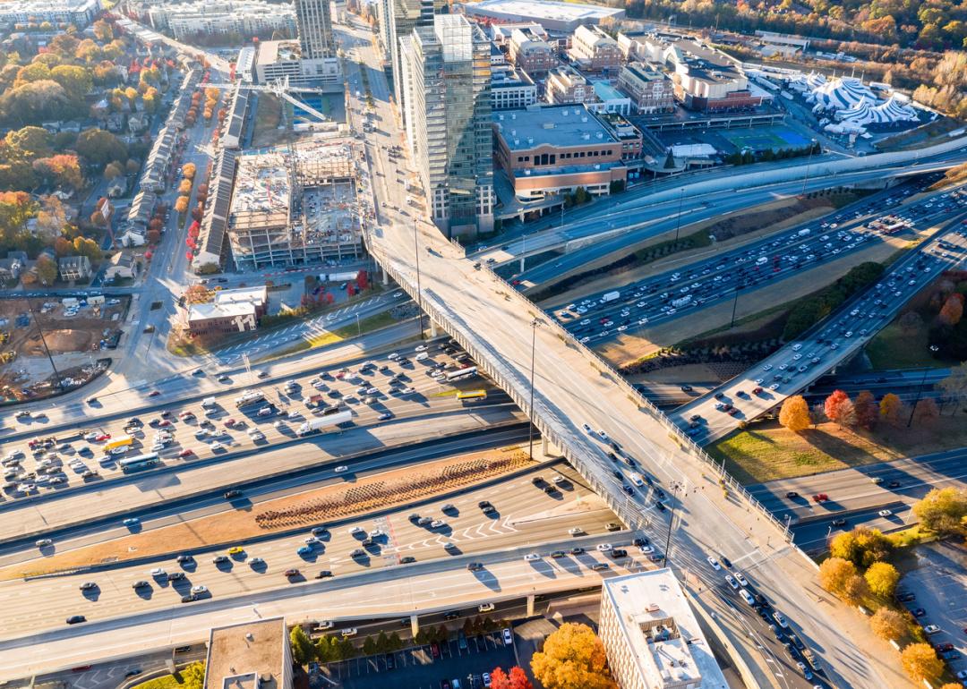 Aerial view of traffic on Highway I-85 and overpass in Atlanta.