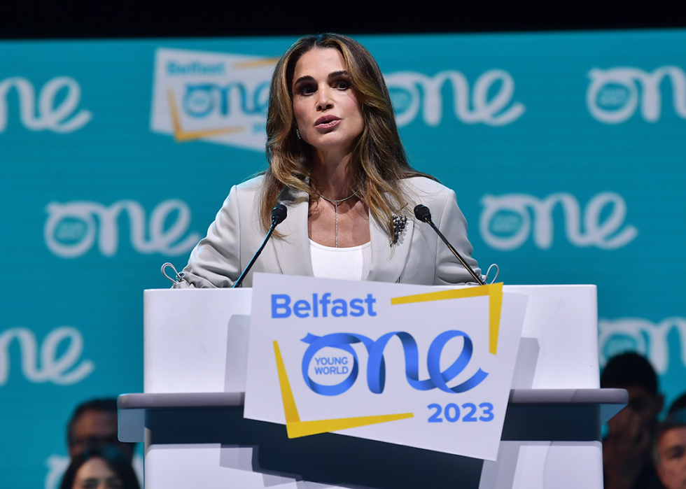 Queen Rania Al Abdulla speaks at One Young World 2023 Belfast Summit.