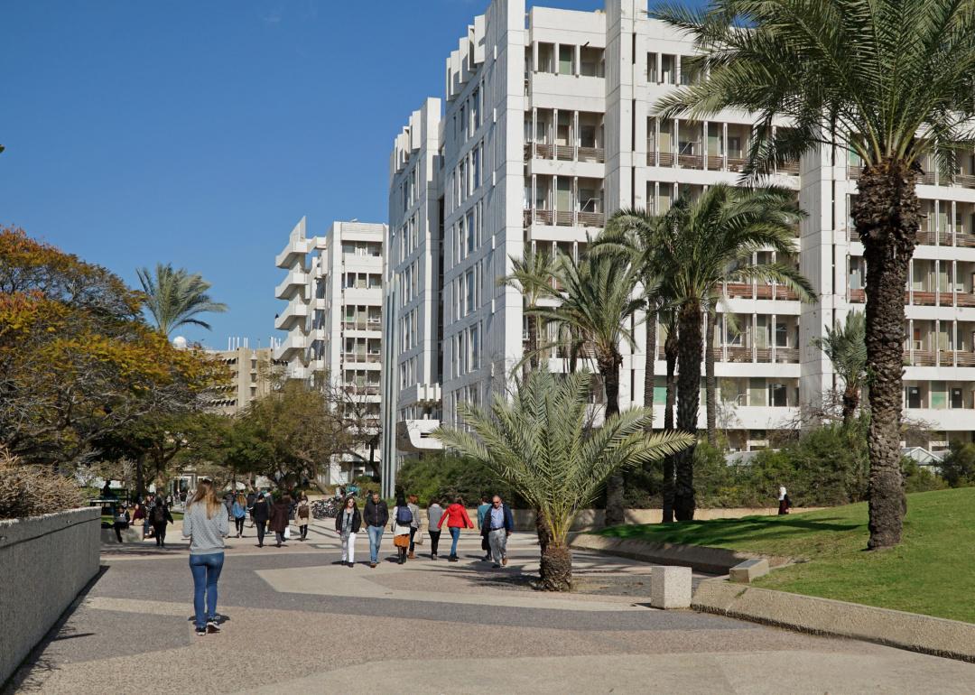 Students and buildings at Tel Aviv University.