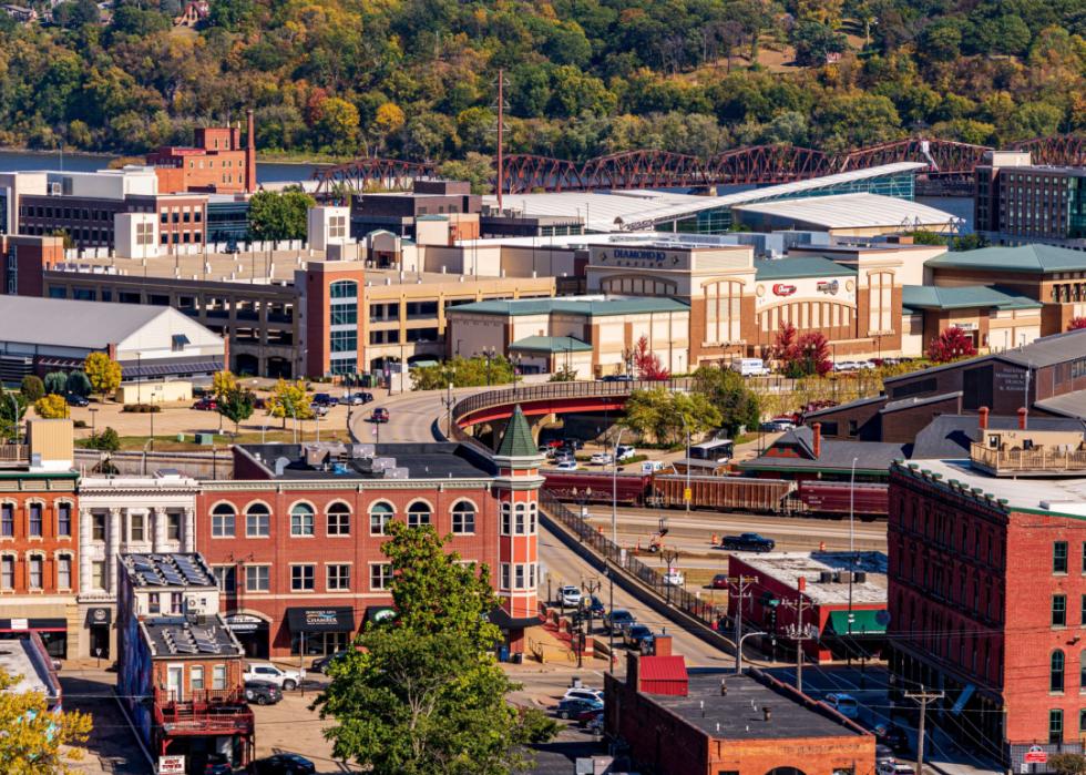 Aerial view of historical buildings in downtown Dubuque.