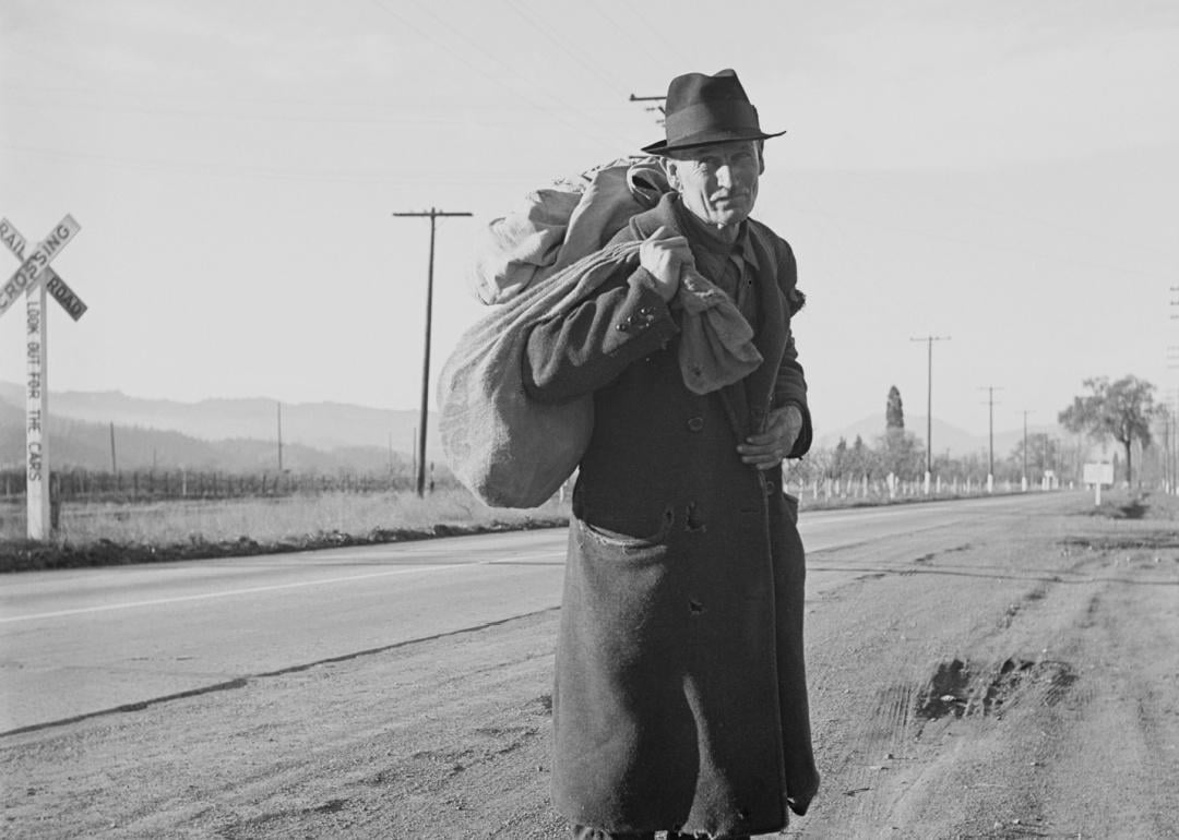 Itinerant worker traveling during The Great Depression.