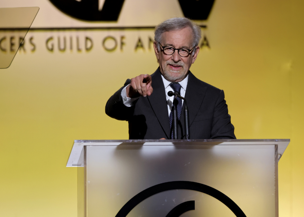Steven Spielberg speaks at podium