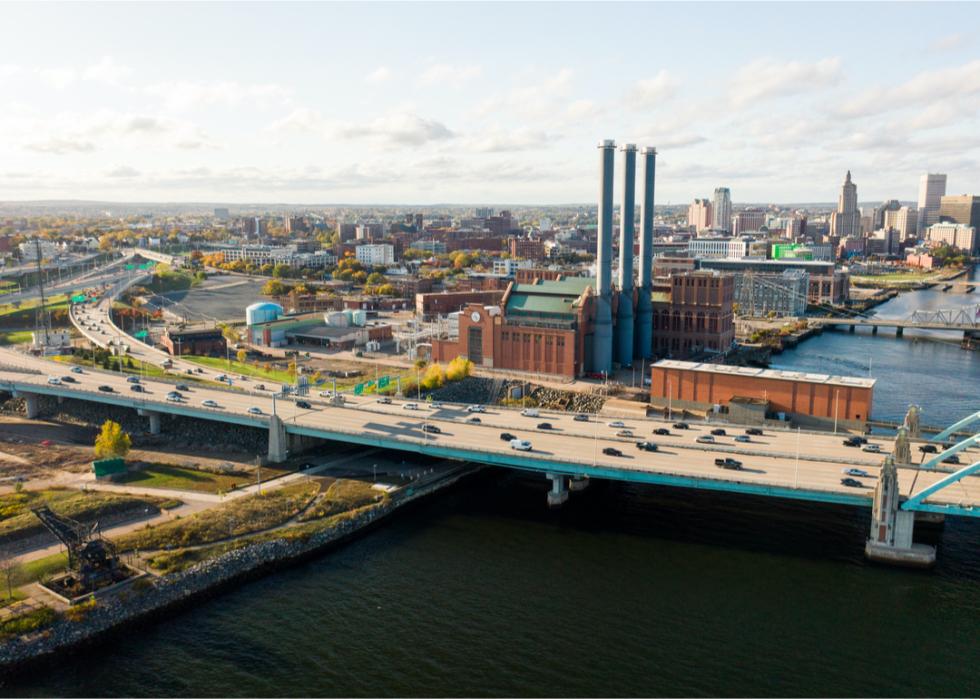 The Manchester Street Power Station smokestacks and Providence skyline.