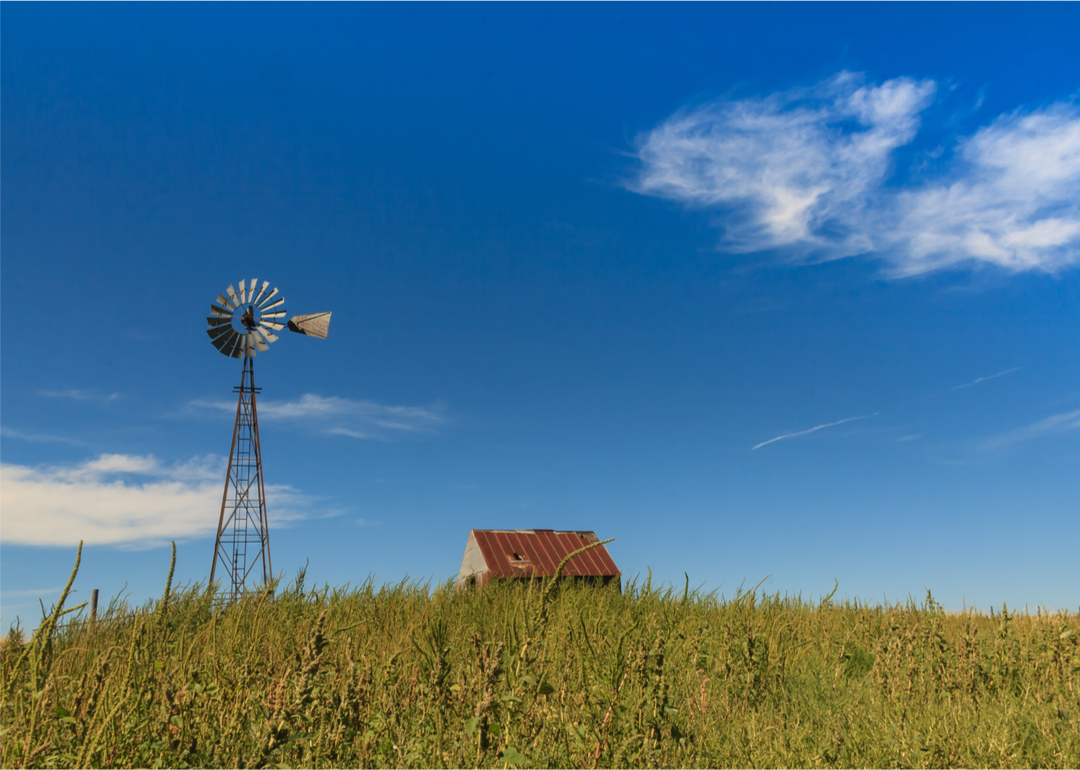 A windmill and barn on a farm