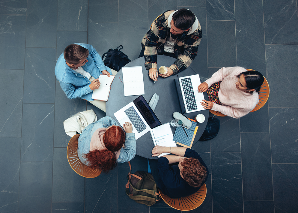 Overhead view of university students studying in the library.