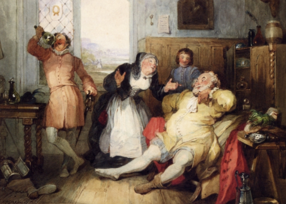 Watercolor of Falstaff and Mistress Quickly in a scene from The Merry Wives of Windsor