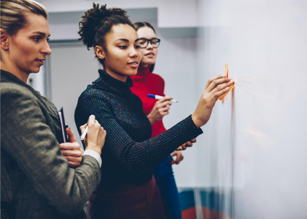 Coworkers discuss ideas on whiteboard.
