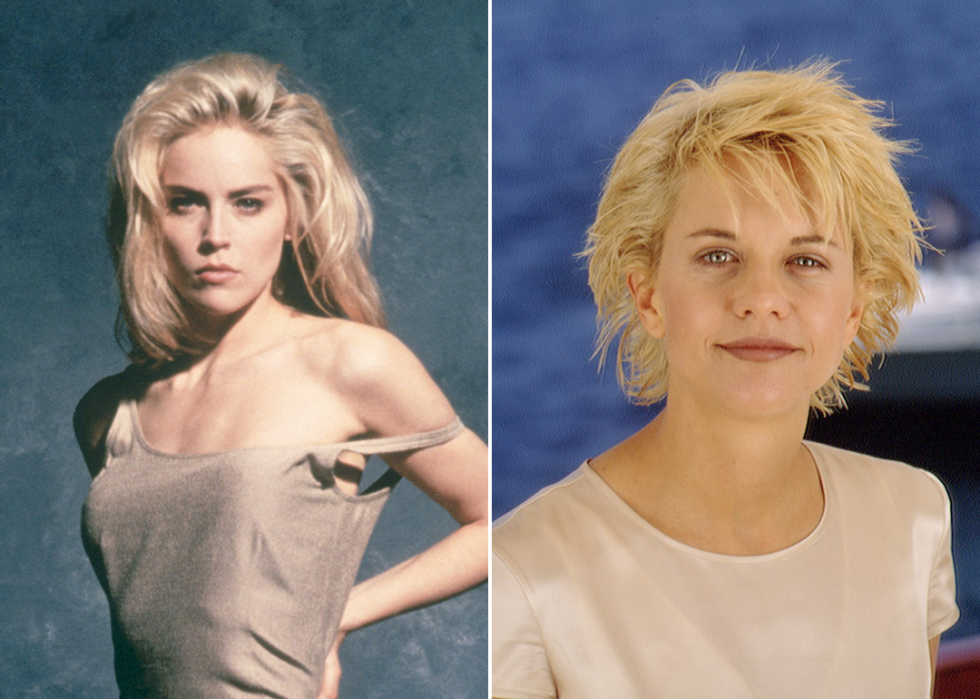 On left, Sharon Stone on the set of ‘Basic Instinct’ ; on right, Meg Ryan at Cannes Film Festival in 1994.
