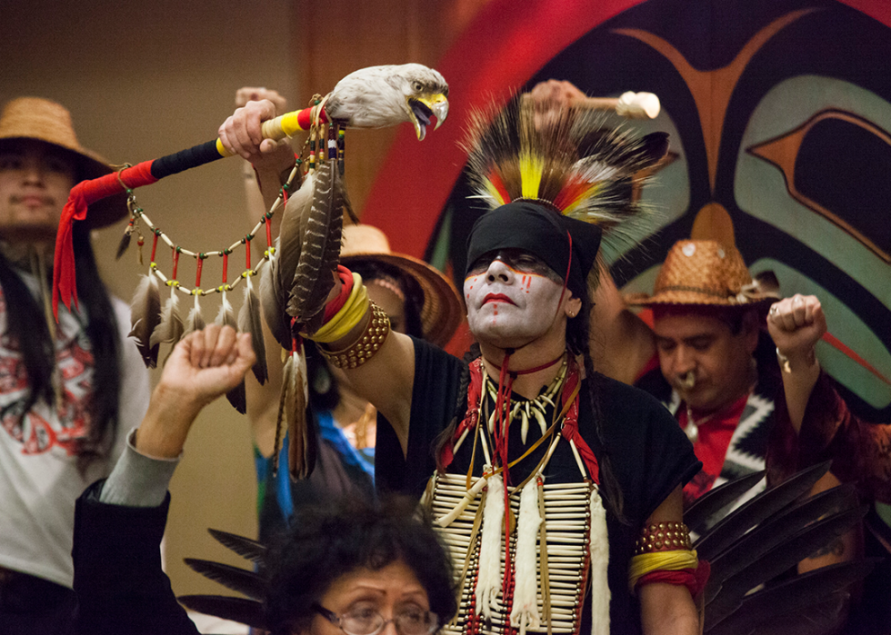 Nikk "Red Weezil" Dakota celebrates during Indigenous Peoples' Day events at the Daybreak Star Cultural Center in Seattle.