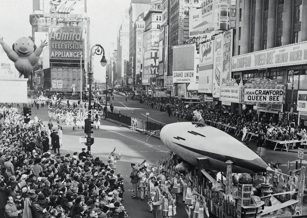 Mighty Mouse and the Space Ship float make their way through Times Square.