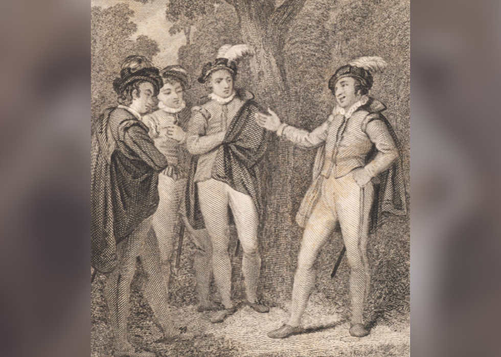 Etching showing Dumain, Biron, the King, and Longaville in conversation