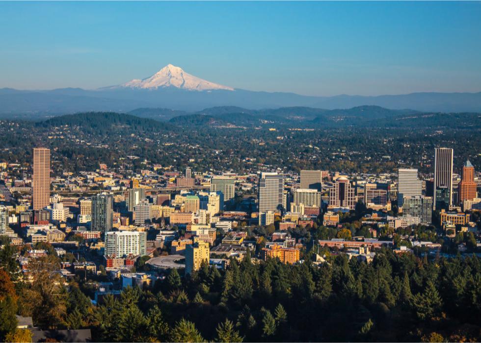 Portland cityscape and Mount Hood in autumn.